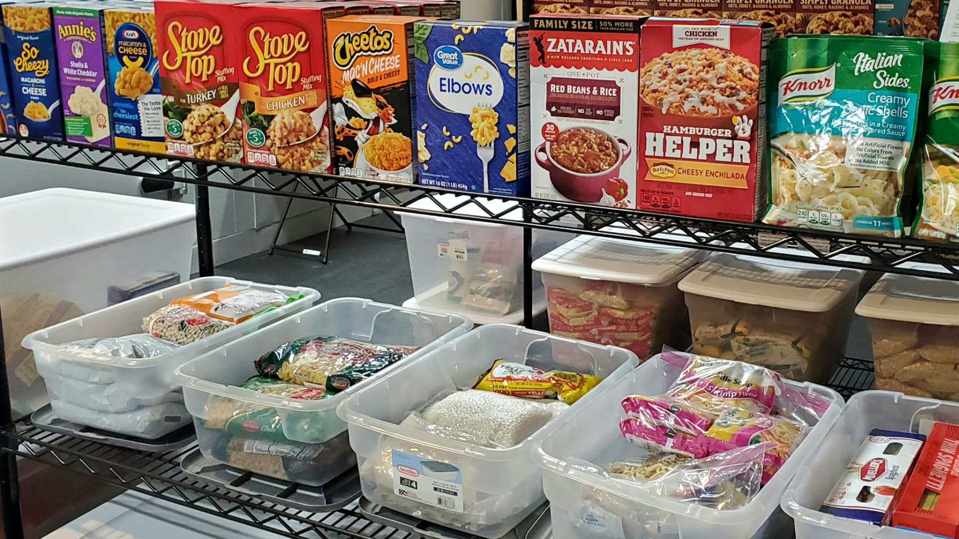 Grace Place food pantry shelves stocked with donated food
